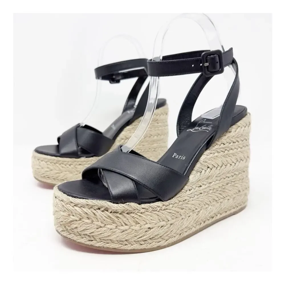 Christian Louboutin Mariza Zeppa Black Leather Wedge Sandal Womens Size EU 39